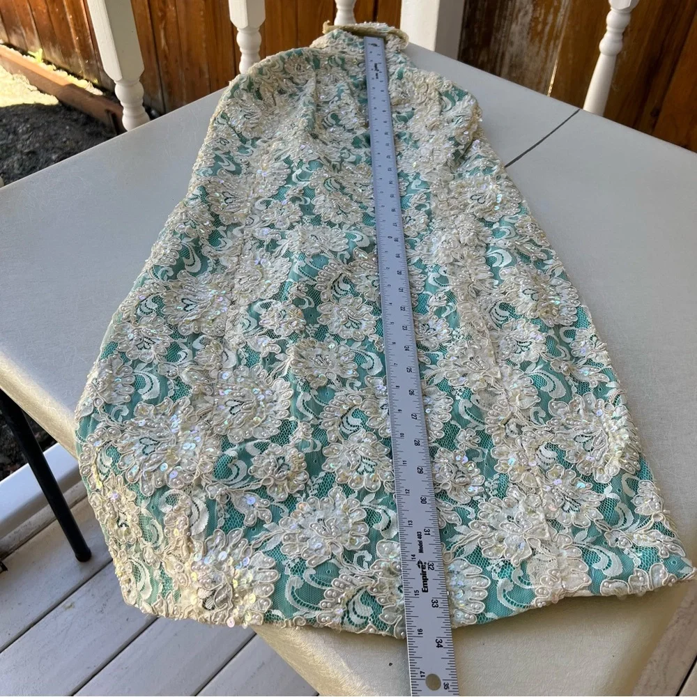Vintage High-Neck Aqua Midi Dress Lace Overlay with embroidery pearl Size XS - Picture 7 of 9
